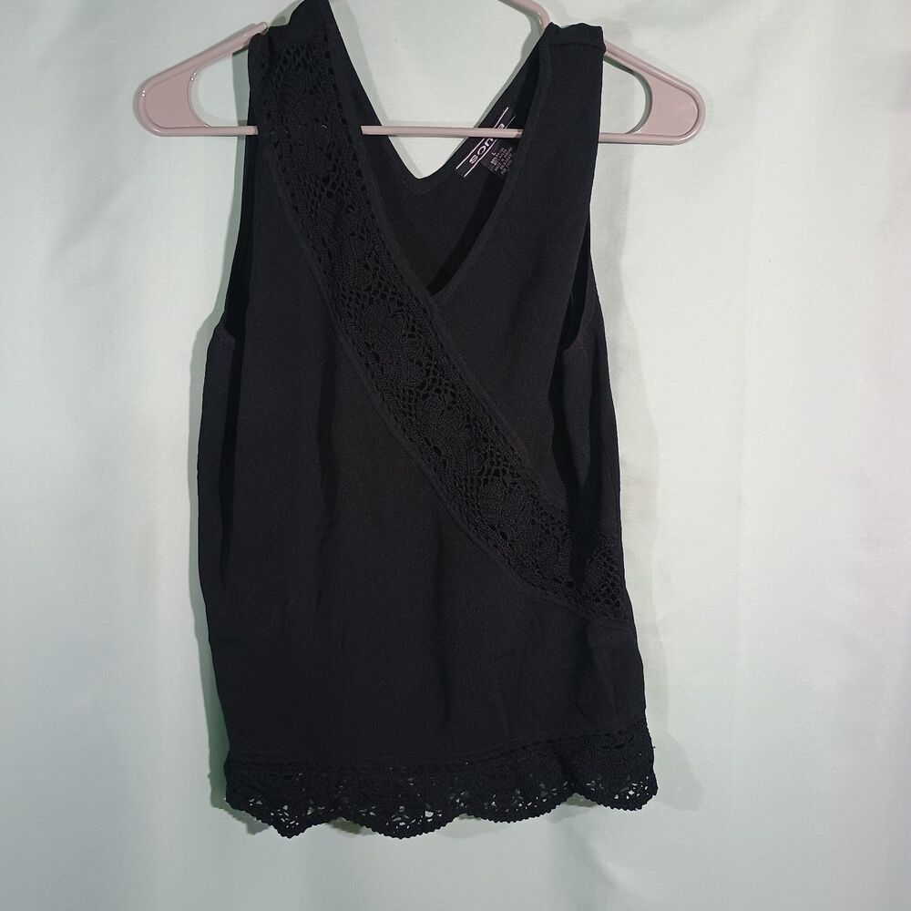 Women's Black Sleeveless Wrap Top Lace Detail V Neck Blouse